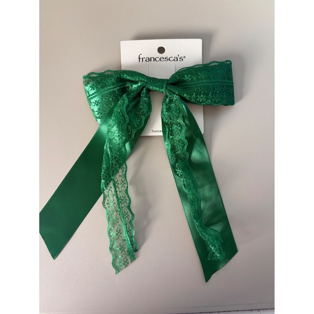 Francescas Forest Green Satin and Lace Oversized Hair Bow‎ Clip Accessory